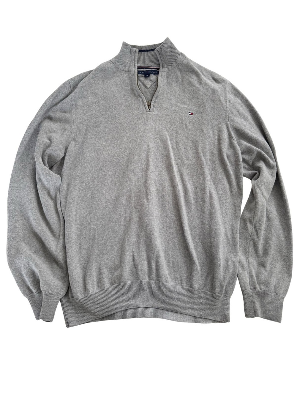 Vintage Tommy Hilfiger Men's Light Gray Cotton Quarter Zip Sweater